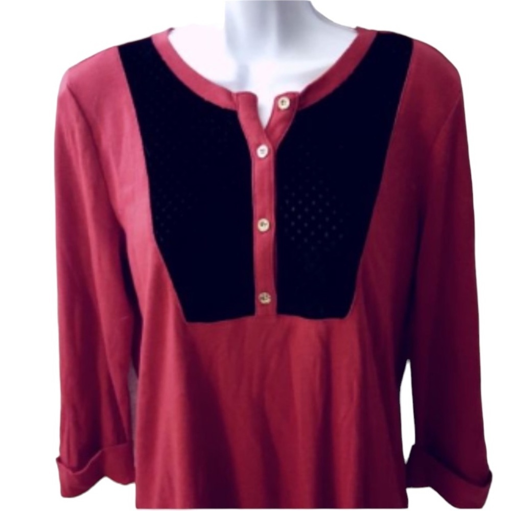 Jones New York Signature Womens Large Knit Top Pullover Long Sleeve Red Black